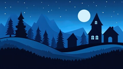 Naklejka premium A tranquil digital illustration showcases a serene mountainous landscape at night, featuring dark green coniferous trees, a glowing crescent moon, and a simple house, evoking calm and wonder.