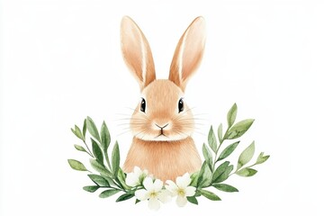A watercolor rabbit illustration, long ears and soft fur texture, surrounded by gentle floral elements, isolated on white background