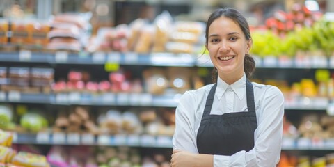 White cashier crossing arms grocery smiling store.