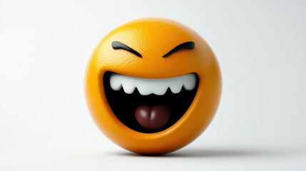 A vibrant cartoon-style orange character with a joyful expression, wide grin, and playful tongue.