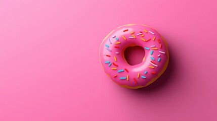 A vibrant close-up of a pink frosted donut with colorful sprinkles against a soft pink background. Perfect for food-related projects, ads, and social media focused on sweetness.