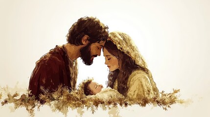 Christmas nativity scene with Joseph, Mary and baby Jesus Christ on white background. Copy space