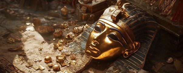 Golden Pharaoh's Mask Lying on a Treasure-Filled Altar within an Ancient Egyptian Tomb, Surrounded by Artifacts and Precious Jewels
