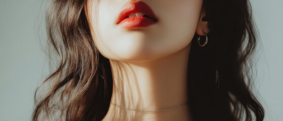 Fototapeta premium Closeup of Asian curvy woman with serene expression, minimalist jewelry, white background, elegance and calmness