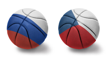 basketball balls with the national flags of czech republic and russia on the white background.