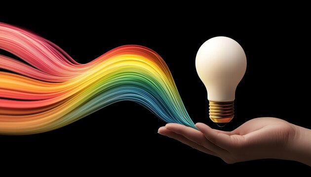 A hand holds a light bulb, with vibrant, flowing rainbow colors emanating, symbolizing creativity, ideas, and inspiration against a dark background.