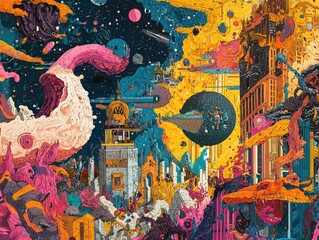 Intricate fantasy landscape with colorful abstract structures and otherworldly scenery. Maximalist illustration for poster or wall art