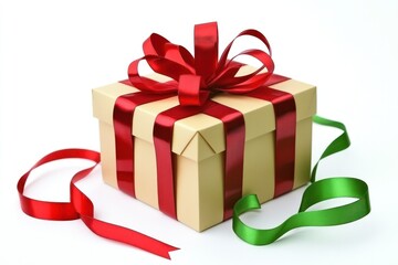 Obraz premium A beautifully wrapped gift box with red and green ribbons, ideal for celebrations.