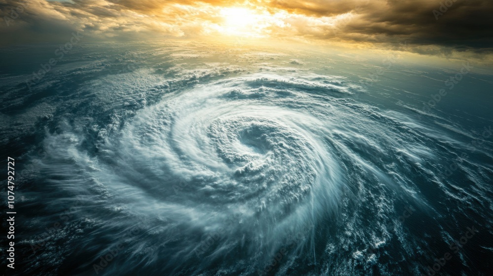 Poster a massive hurricane is forming in the open ocean, showcasing swirling clouds and turbulent waves ben