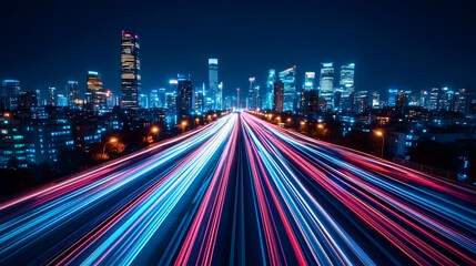 Fototapeta premium Cityscape at Night with Light Trails on Highway - Illustration