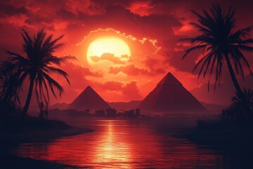 Silhouette of Egyptian pyramids and palm trees against a fiery red sunset reflecting on the Nile River, creating a dramatic and mystical desert scene