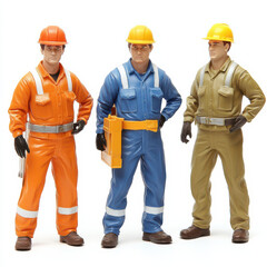Three cartoon-style construction workers in orange, blue, and brown uniforms with hard hats, standing confidently. Their attire and poses reflect professionalism and teamwork in industrial settings.

