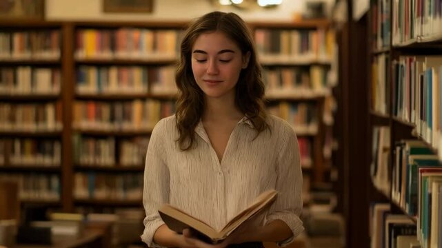 A young woman stands in a warmly lit library holding an open book and smiling as she looks into the camera