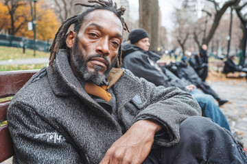 Obraz premium The homeless hobos, an elderly man sitting cross-legged on the ground in Central Park