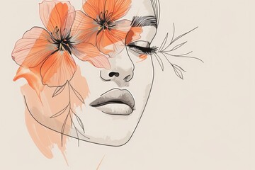 Poster encadré Elegant feminine beauty logo with abstract one line floral face.