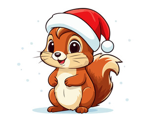Cute Christmas squirrel wearing a Santa Hat isolated on white background. Winter holidays flat vector illustration for poster, greeting card, flyer, postcard, sticker, print