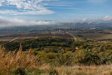 Naklejka premium panoramic view of rural village with fields and forest 