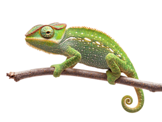 Green chameleon on branch isolated on transparent background