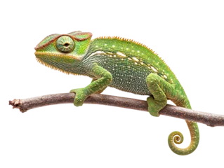 Gordijnen Green chameleon on branch isolated on transparent background © roy9