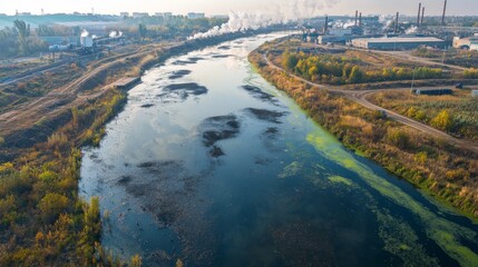 Industrial Pollution Over a River: A wide-angle view of a river near an industrial zone