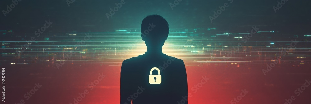 Poster a person stands silhouetted against a vibrant digital background, highlighting the concept of privac