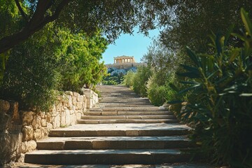 Stone steps leading up to the Acropolis, framed by lush greenery and trees, with the iconic Parthenon visible at the summit under a clear blue sky