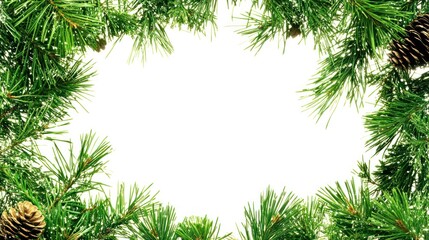 A festive frame of pine branches and cones, ideal for holiday greetings or decorations.