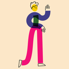 Human character in geometric flat style. An active guy, a man on the move. The effect of risograph printing. For social networks, posters, banners, fabric design.