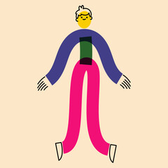 Human character in geometric flat style. An active guy, a man on the move. The effect of risograph printing. For social networks, posters, banners, fabric design.