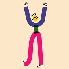 Human character in geometric flat style. An active guy, a man on the move. The effect of risograph printing. For social networks, posters, banners, fabric design.