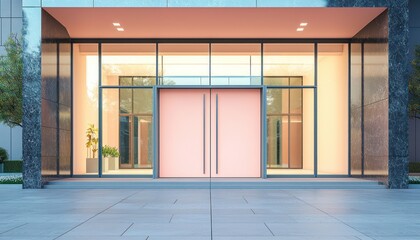 Modern home exterior with sleek pastel peach double doors and expansive glass side panels.
