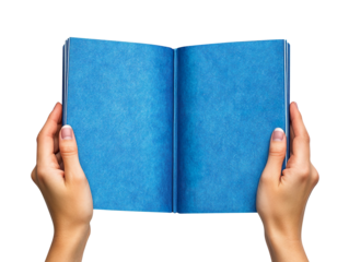 Hands holding open blue cover book isolated on transparent background