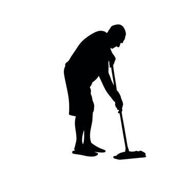 recommend clip art: a old aged man are cleaning the floor with floor mat, vector silhouette