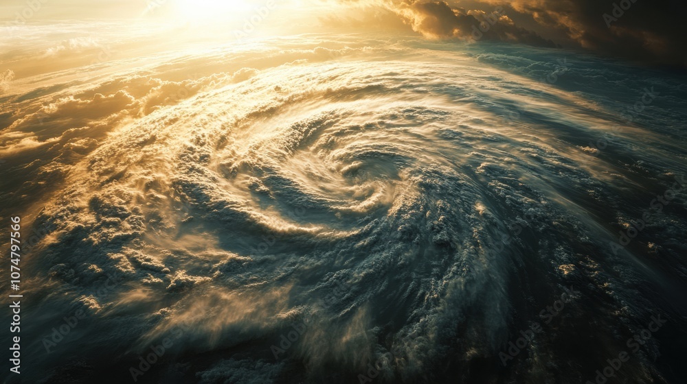 Poster A large hurricane spins in the open ocean as the sun sets, illuminating swirling clouds and turbulent waters below. Generative AI