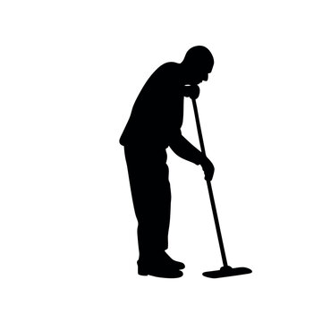 recommend clip art: a old aged man are cleaning the floor with floor mat, vector silhouette