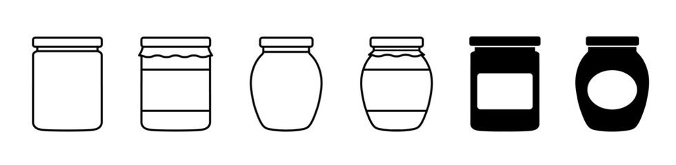 Glass jar icon set. Food storage container symbol. Honey, yogurt, jam, pickle and beans canning jars. Editable stroke. Vector illustration. 
