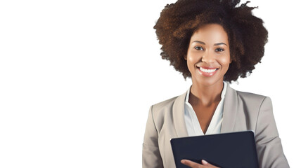 A young african american businesswoman using tablet pc application for online remote work on transparent background PNG. 
