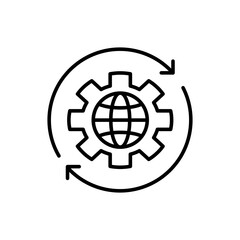 icon Gear symbol with globe surrounded by arrows in a circular formation. Suitable for global technology, communication, and connectivity concepts.