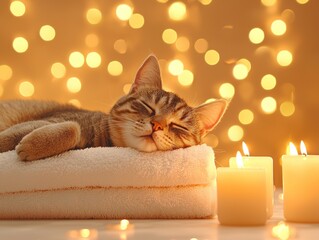 A cozy cat sleeps peacefully on a towel, surrounded by warm candlelight and soft bokeh lights in a serene atmosphere.
