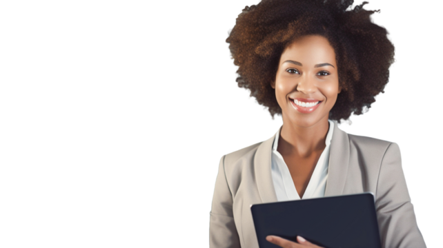 A young african american businesswoman using tablet pc application for online remote work on transparent background PNG. 
 - Powered by Adobe