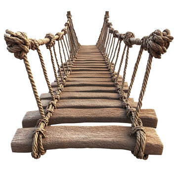 Fototapeta Jungle hanging bridge made of ropes and wooden planks isolated on transparent background