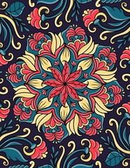 Colorful floral mandala painting with frame, red and yellow colors