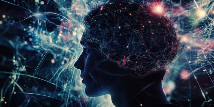  a personal head surrounded by swirling digital graphics, representing neural connections and brain activity