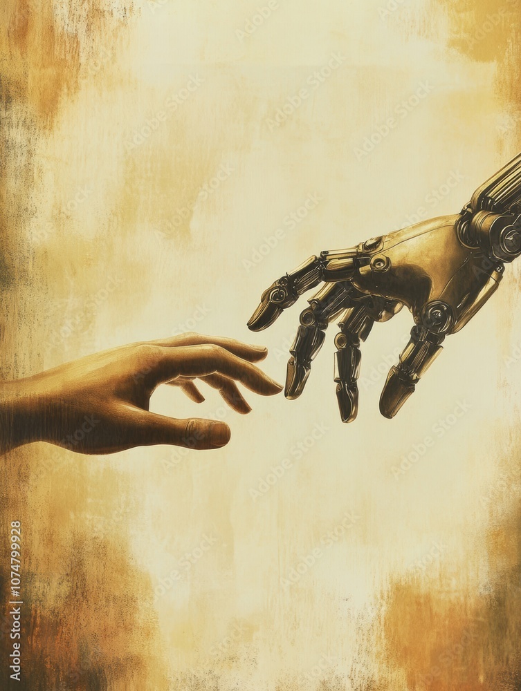 Leinwandbilder a human hand reaches out towards a robotic hand, illustrating the connection and collaboration betwe