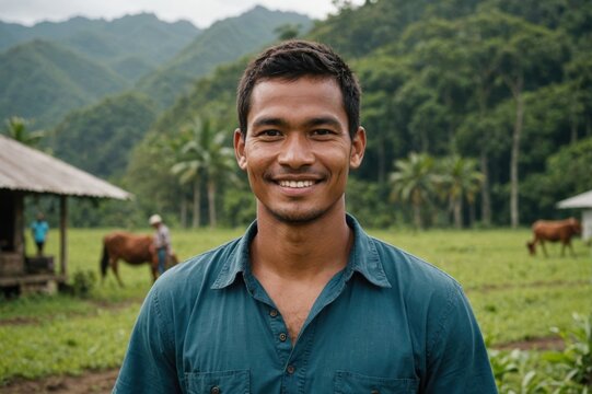 Close portrait of a smiling young Palauan male farmer standing and looking at the camera, outdoors Palauan rural blurred background