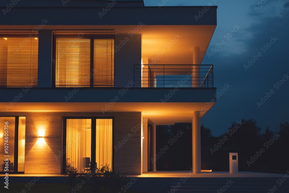 Aufkleber this contemporary residence features illuminated windows and doors at night, showcasing a glowing al