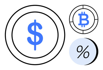 Dollar sign, Bitcoin symbol, and percentage icon on circular backgrounds. Ideal for finance, cryptocurrency, investment, economics, banking, digital payments, and business strategies. Line metaphor