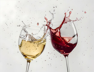 Two wine glasses clinking together, with red and white wine flowing out of them on an isolated background. 