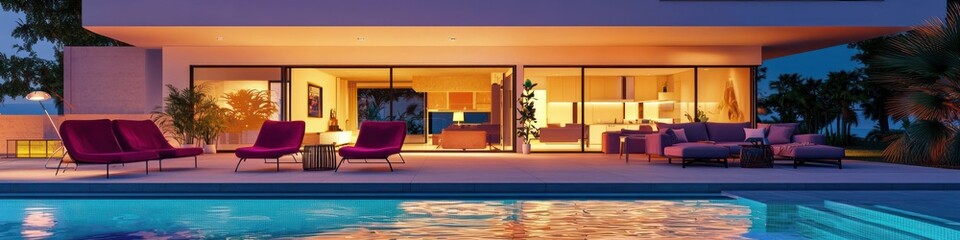 Fototapeta premium Night-time high-definition view of a modern house with a pool and maroon chairs.