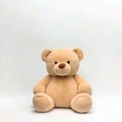 A soft, cuddly teddy bear sitting on a neutral background, perfect for conveying comfort and childhood nostalgia.